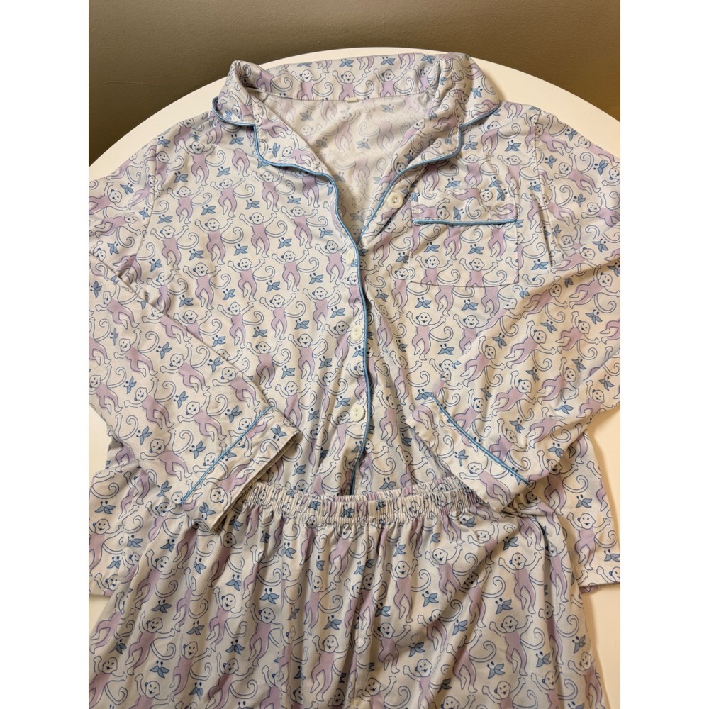 Unbranded Pajama Set White Purple Monkey Print Excellent Button Down